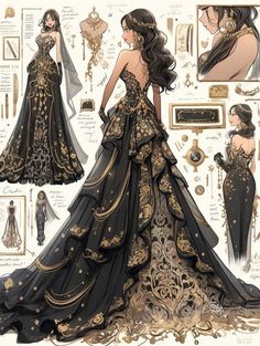 an illustrated drawing of a woman in a black dress with gold details on the back