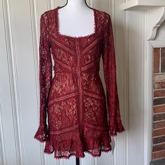 Nwt Fll Gorgeous Burgundy/Scarlet Lace Dress. Open Back With Ribbon Tie Closure At Neck. Lined, Lace Trim. Beautiful Boho Bell Sleeve Cuffs. New!! Chest 19” Length Front 33” Length Back 36” Smoke Free And Pet Free Home Fitted Flirty Dress With Scalloped Lace, Fitted Lace Dress With Ruffles For Fall, Burgundy Fitted Dress For Date Night, Long Sleeve Scalloped Lace Dresses For Date Night, Elegant Red Mini Dress With Lace Trim, Red Long Sleeve Dress With Lace Trim, Red Sweetheart Neckline Dress For Brunch, Burgundy Ruffled Dress For Date Night, Red Fitted Lace Dress For Date Night