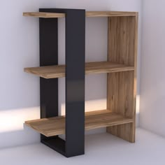 a wooden shelf with two black and one brown bookshelves on each side, against a white wall