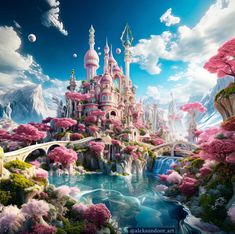 a fantasy castle surrounded by pink trees and flowers with a bridge crossing over the water