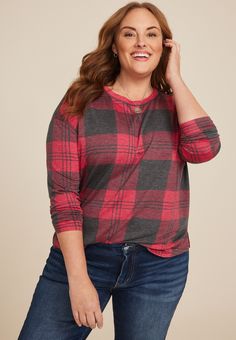 Plus Size 24/7 Clara Buffalo Plaid Long Sleeve Tee - Materials & Care:imported - 82% polyester 13% rayon 5% spandex - machine wash Buffalo Plaid Flannel, List Style, A Plus, Plaid Flannel, Buffalo Plaid, Long Sleeve Tee, Favorite Things List, Buffalo, Top Shirt