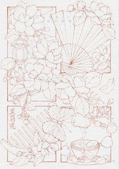 a drawing of flowers and an umbrella on a white paper with chinese writing in the middle