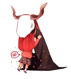 an image of a woman hugging a man with horns on his head and wearing a cape