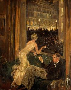 a painting of a man and woman sitting on a couch in front of a crowd