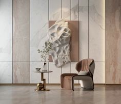 a chair and table in a room with marble wall panels on the walls behind it