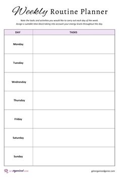 the weekly routine planner is shown in this image