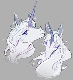 two white unicorns with long hair are facing each other