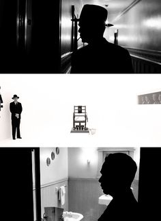 the silhouettes of two men are shown in black and white photos, one is standing next to a toilet