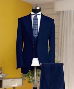 Men's Tailored Navy Blue 3-Piece Suit - Essential Business and Formal Wear for the Modern Gentleman, Men Wedding Wear Groom Suits, Gifts For COMPULSARY  PLEASE MEASURE YOUR CHEST AREA, CIRCUMFRENECE AROUND THE BROADEST PART OF CHEST AND WAIST AREA WHERE YOU NORMALLY WEAR YOUR TROUSER OR 4 FINGER BELOW THE BELLY BUTTON, AND PICK YOUR SIZE ACCORDINGLY  PLEASE CHECK THE SIZE CHART BEFORE PLACING THE ORDER This Designer Suit will be Handcrafted Specially For You only after You Place an Order. Fabric Royal Blue Three-piece Suit For Semi-formal Occasions, Royal Blue Three-piece Suit For Semi-formal Events, Classic Royal Blue Blazer For Wedding, Classic Royal Blue Wedding Blazer, Royal Tailored Suits For Semi-formal Occasions, Tailored Blue Sets For Groom, Tailored Blue Three-piece Suit For Wedding, Blue Tailored Three-piece Wedding Suit, Blue Double-breasted Suit For Wedding