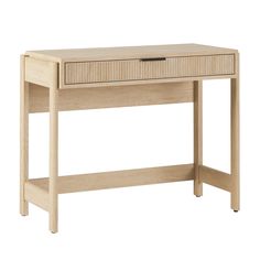 a wooden desk with two drawers on one side and an open drawer on the other