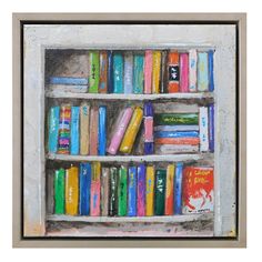 a painting of a book shelf filled with lots of colorful books on top of it