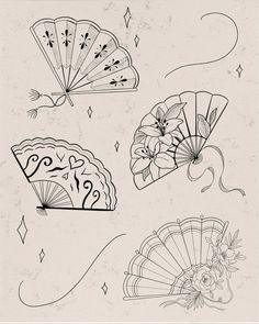 four different types of fan and flowers on a white background with an old paper texture