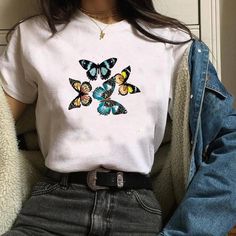 Outfits With Denim Skirt, Fashion Butterfly, Printed Fashion, Aesthetic T Shirts, Fashion Female, Aesthetic Shirts, Fashion T Shirt, Fashion Graphic, Casual Tops For Women