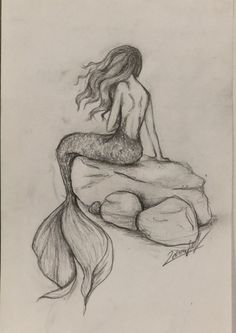 a pencil drawing of a mermaid sitting on a rock with her tail curled in the wind