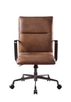 a brown leather office chair sitting on top of a metal frame wheel casteor base