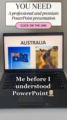 an open laptop computer sitting on top of a white table with the words australia in front of it