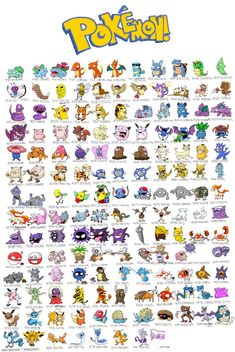 an image of pokemon characters in different colors and sizes, all with their names on them