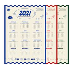 two calendars with different designs and numbers on each one, both in red and blue