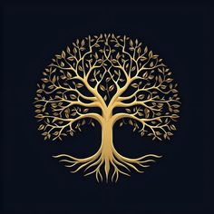 a golden tree on a black background with the roots in the shape of a heart