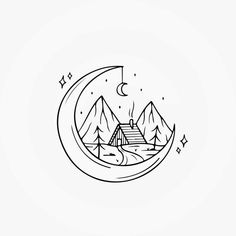 a black and white drawing of a house on the moon with mountains in the background