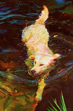 a painting of a dog swimming in the water