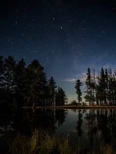 the night sky is reflected in the still waters of a lake with trees on both sides