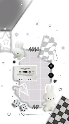 an image of some toys on a white table with black and white checkered flooring