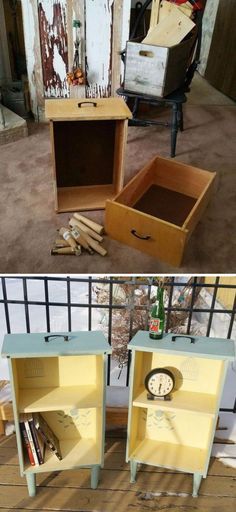 two different types of furniture that have been painted yellow and blue, one with a clock on it