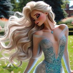 an animated image of a woman with long blonde hair wearing a blue dress and diamond earrings