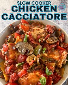 the cover of slow cooker chicken cacciatore is shown in a bowl