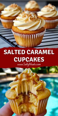 cupcakes with caramel icing and salted caramel on top