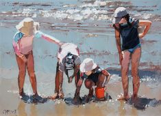 three people are standing on the beach with buckets