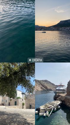 four different shots of boats in the water