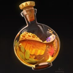 a glass bottle filled with liquid on top of a black background and gold trimmings