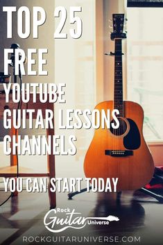 an acoustic guitar sitting in front of a window with the words top 25 free youtuber guitar