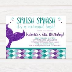 a purple and green mermaid birthday party card with the words splash splash it's a mermaid bash