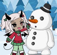 a snowman and a girl standing next to each other