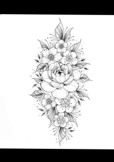 a black and white drawing of flowers with leaves on the bottom half of each flower