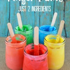 four different colored paint in small jars with wooden sticks sticking out of them and text overlay that says finger paints just 2 ingredients