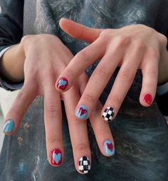 Funky Nail Art For Short Nails, Nails Red And Blue, Funky Nail Ideas, Short Nails Red, Minimal Nails Art, Mens Nails, Best Nails, Punk Nails, Minimal Nails