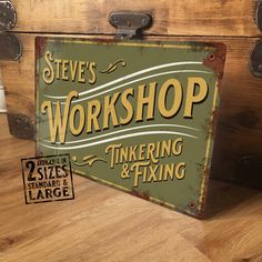 Personalised Workshop Sign Metal Wall Door Decor Accessory, Garage, Shed Vintage Retro Tin Plaque, Waterproof Aluminium, 200mm x 305mm This Vintage style metal Workshop sign is a great addition to any Garage or Shed. Designed in Retro Classic Style, the sign is made from aluminium metal and is printed using dye sublimation inks which makes it completely waterproof. The design has been designed with the rust effect as seen. This is not real rust. It is an effect created within the artwork. PERSON Workshop Sign, Garage Wall Decor, Metal Workshop, Garage Shed, Personalized Metal Signs, Garage Walls, Wall Door, Garage Workshop, Vintage Metal Signs