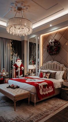 a bedroom decorated for christmas with santa clause on the bed and decorations around the room