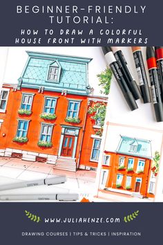 A brightly colored house with a vibrant red hue, created using alcohol-based markers. The illustration showcases the use of marker coloring techniques in urban sketching, capturing the charm of a cheerful house front. Urban Sketching With Markers, Alcohol Based Markers Art, Drawing A House, Fcs Classroom, Coloring With Markers, Markers Art, Colorful House, Copic Marker Art