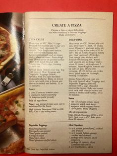 an open recipe book with pizza on it