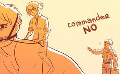 two people standing next to each other in front of an orange background with the words commander no