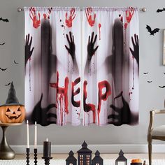 PRICES MAY VARY. HORROR HALLOWEEN DECOR: Halloween window curtains for living room featuring horror help me with bloodies hands, this curtain combines the traditional spooky spirit with a modern design, making it perfect for adding a Halloween vibe to any space. EASY TO INSTALLATION: Halloween window curtain panels measure 52"W x 84"L and come in a set of 2 panels. The rod pocket design allows for easy sliding on your curtain rod, with a pocket diameter of 4''. These lightweight curtains are a b Bedroom Halloween Decor, Halloween Curtains, Haunted House Decorations, Halloween Window, Curtains For Living Room, Drape Panel, Horror Halloween, Decor Halloween, Door Curtains