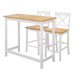 the table and chairs are white with wood seat pads on each side, while the stools have crossed backrests