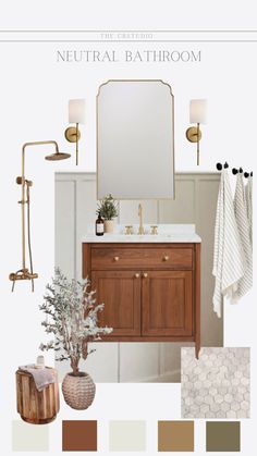 a bathroom with neutral colors and accessories