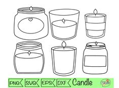 four jars with candles in them and the words pick svvx epsf dxf