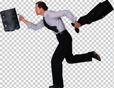 a man is running while carrying two briefcases in his hand, with both hands on his hip